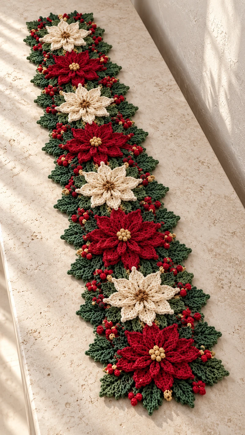 Premium crochet pattern: Poinsettia and Holly Christmas Table Runner Crochet Pattern - Intermediate level tutorial with complete instructions